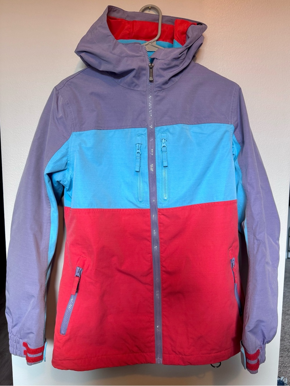 Aperture Colorblock Hooded Snowboarding Jacket in Lavender, Aqua & Orange